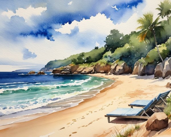 Watercolor Beach Scene with Loungers and Cliffs