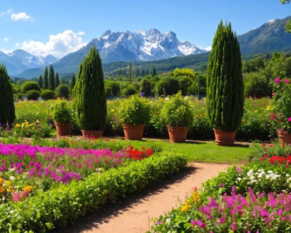 Vibrant Garden with Colorful Flowers and Mountains