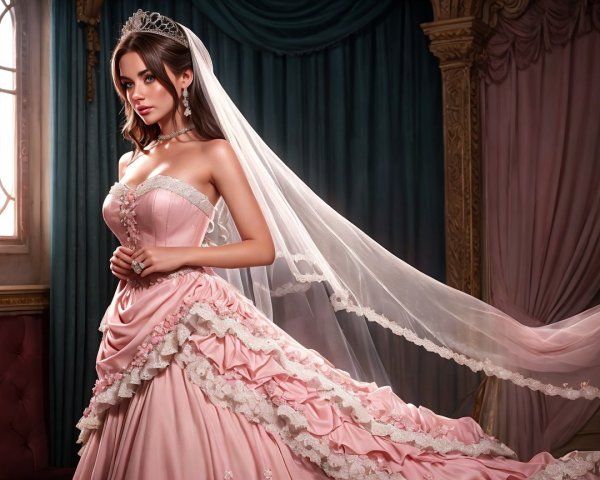 Elegant young woman in pink gown with lace details