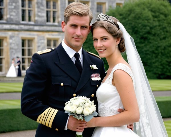 Couple in Military Uniform and Elegant Wedding Attire