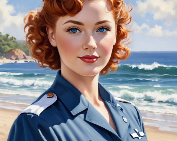 Young woman in military uniform by the beach