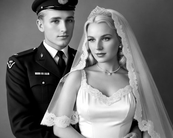 Black-and-white portrait of a couple in formal attire
