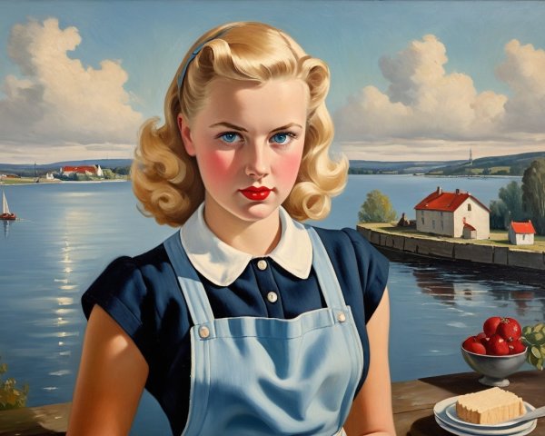 Young Woman with Apples and Cake in Serene Landscape