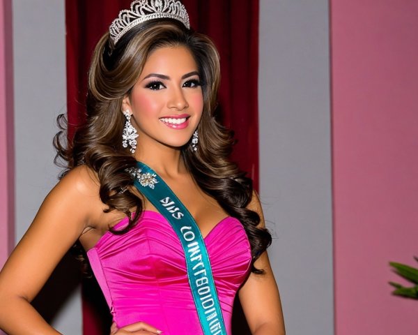 Young woman in pink gown with tiara and sash