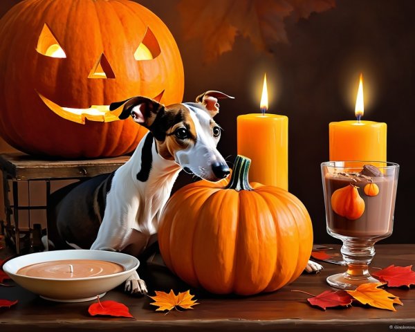 Playful Dog by Carved Pumpkin with Autumn Decor