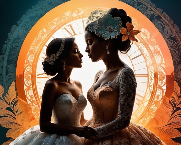 Silhouetted Brides Against a Clock Backdrop