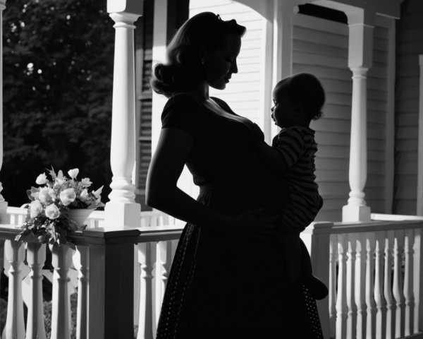 Silhouette of Pregnant Woman and Child on Porch