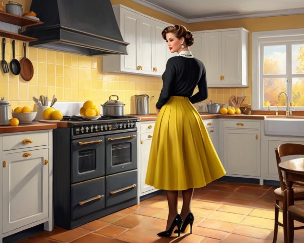 Vintage-Inspired Kitchen with Stylish Woman and Sunlight