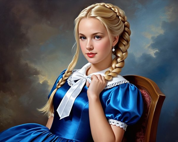 Portrait of a girl in blue dress on vintage chair