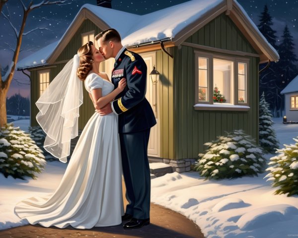 Romantic Winter Scene of Bride and Groom Embracing