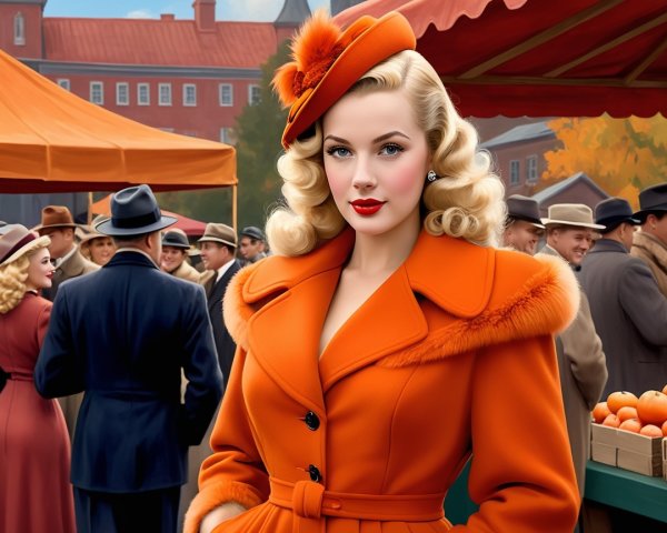 Vintage Fashion in a Bustling Market Scene
