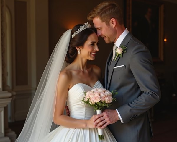 Elegant Bride in Strapless Gown with Groom in Gray Suit