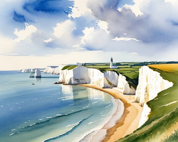Coastal Landscape with Chalk Cliffs and Lighthouse