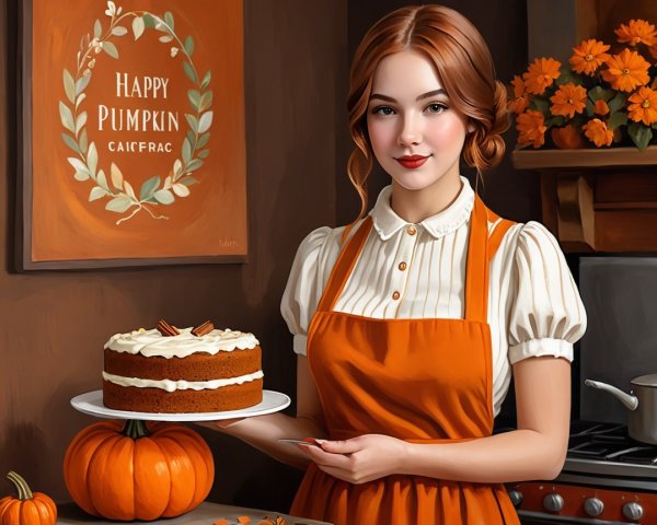 Young Woman in Cozy Kitchen with Pumpkin Cake