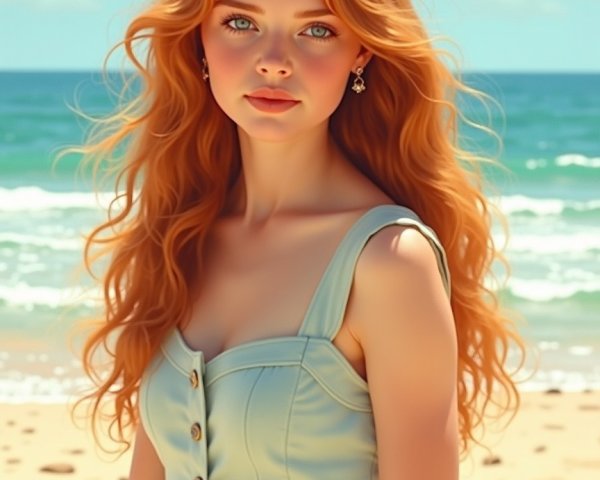 Young woman in blue dress on sunlit beach
