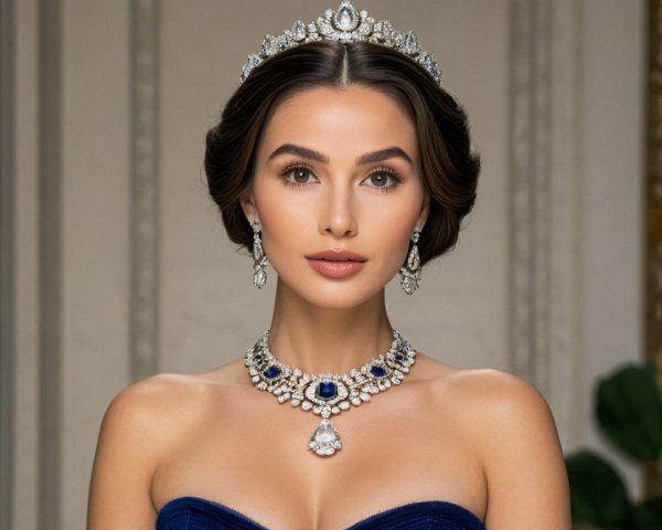 Elegant woman in royal blue gown with tiara and jewelry