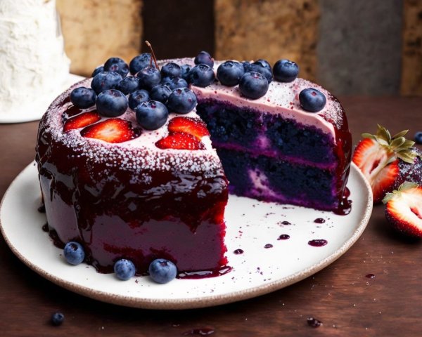 Decadent Purple Layer Cake with Berry Glaze and Fruit