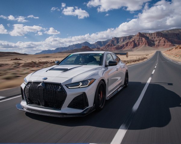 White Sports Car on Deserted Highway with Red Rocks