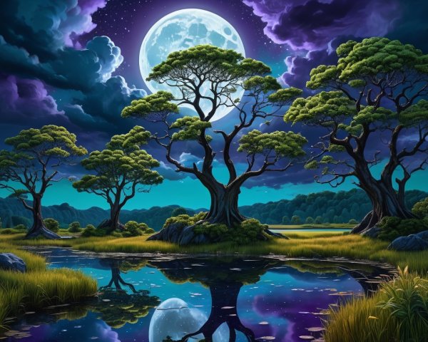 Serene Landscape with Twisted Trees and Full Moon
