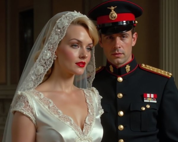 Glamorous Bride in Vintage Gown with Military Officer