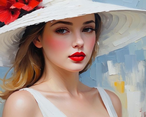 Young woman in white hat with red flower portrait
