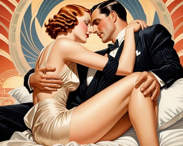 Vintage Art Deco Couple Embrace in Elegant Setting