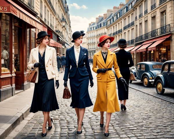 Elegant Women in Vintage Fashion on Parisian Street
