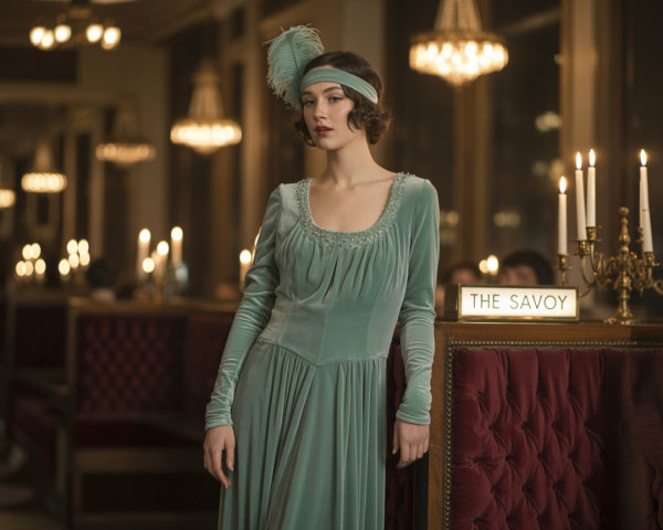 Elegant Woman in Vintage Teal Dress at The Savoy