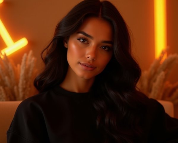 Young woman with dark hair in cozy, warm setting