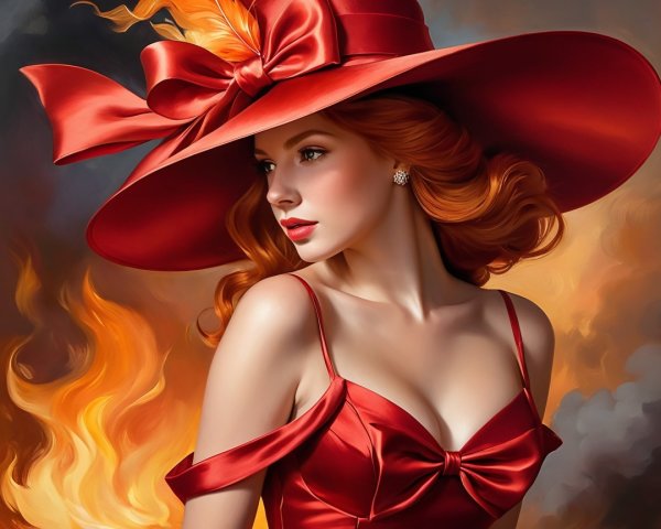 Striking Woman in Red Hat and Dress Against Fiery Backdrop