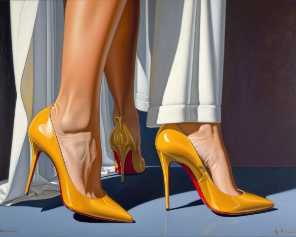 Yellow High-Heeled Shoes with Red Soles and Draped Legs