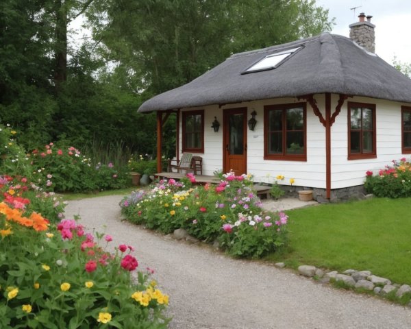 Quaint Cottage Surrounded by Vibrant Flower Gardens
