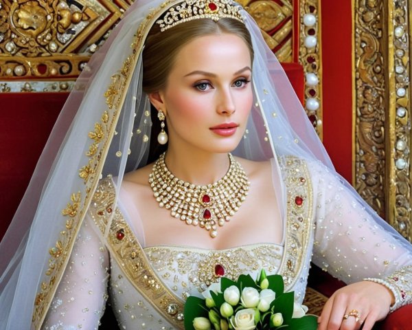 Opulent Bride in Intricate Gown and Regal Accessories