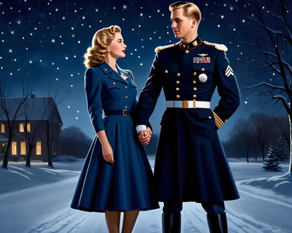 Couple in Vintage Attire on Snowy Evening with Stars