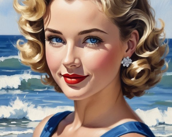 Glamorous Woman in Royal Blue Dress by Ocean Waves