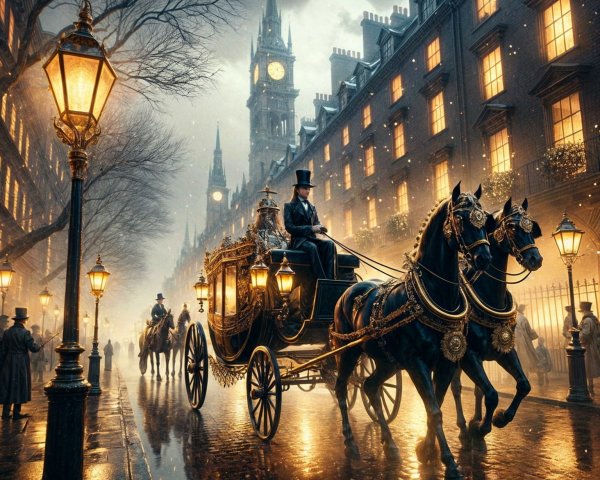 Vintage City Scene with Clock Tower and Carriages
