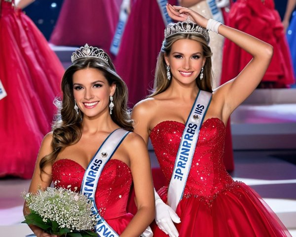 Beauty Pageant Contestants in Red Gowns and Tiaras