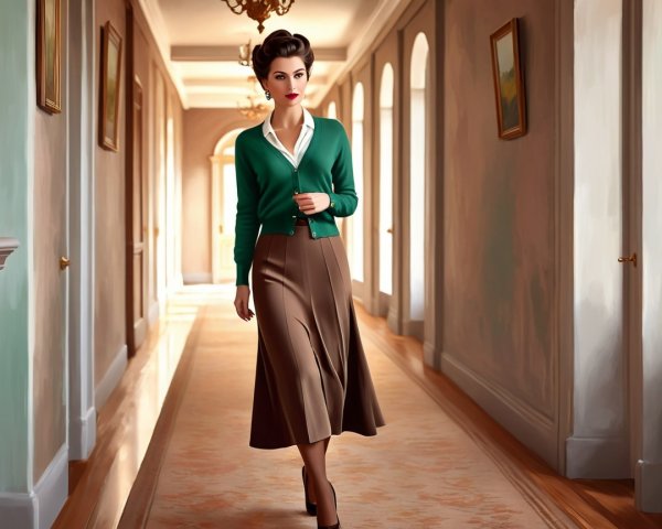Stylish Woman in Elegant Corridor with Artwork