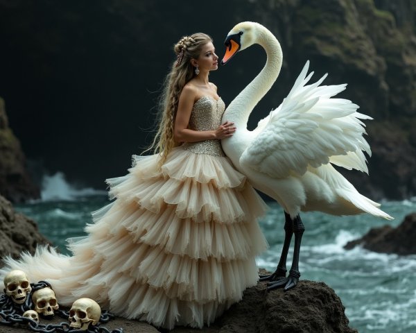 Elegant Woman in Cream Gown by Eerie Coastline