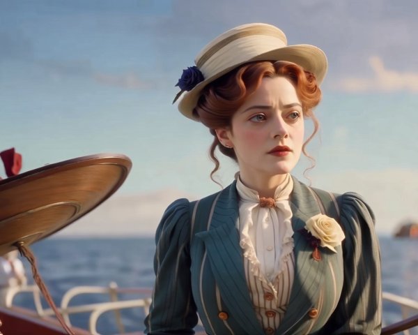 Woman in Vintage Ship with Teal Suit and Red Curls