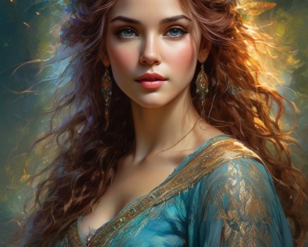Young Woman in Blue Gown with Floral Crown and Accessories