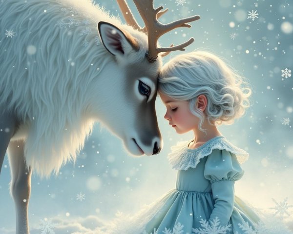 Winter Scene of Girl with Reindeer in Snowfall