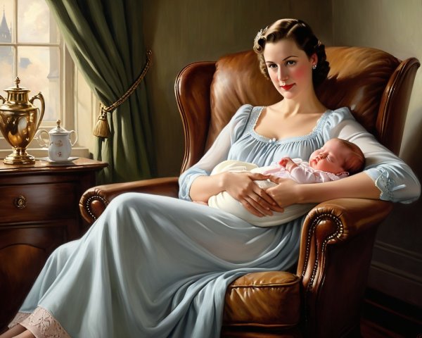Serene Mother Cradling Newborn in Elegant Room