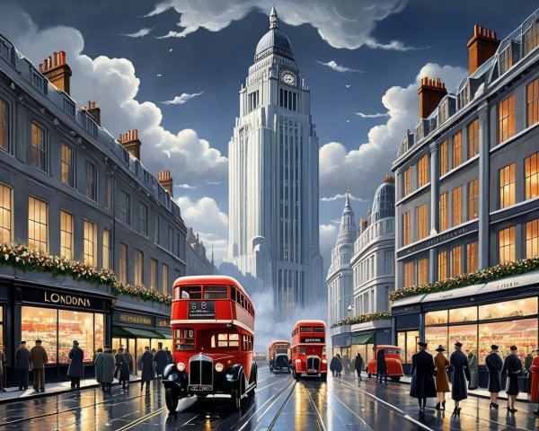 London Street Scene with Double-Decker Buses and Clock Tower