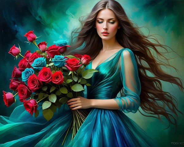 Elegant Woman with Roses in Teal Gown and Swirling Background