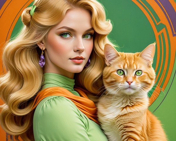 Stylish woman with orange tabby cat in vibrant setting