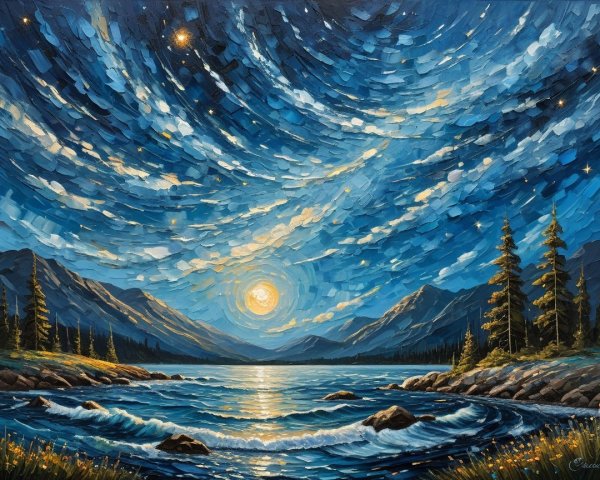 Tranquil Lake and Mountains in Serene Landscape Painting