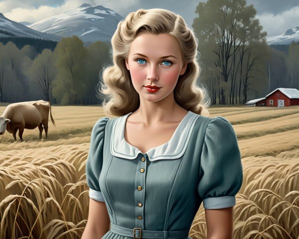 Vintage Scene of Woman in Wheat Field with Barn