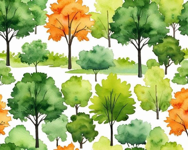 Vibrant Watercolor Pattern of Various Green Trees