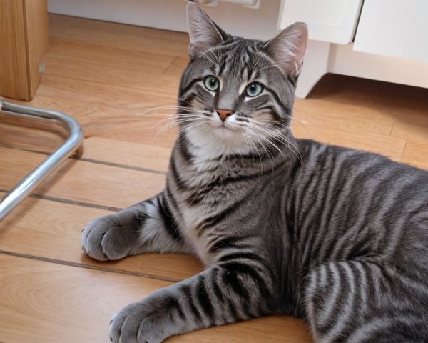 Striped Gray Tabby Cat on Wooden Floor with Green Eyes